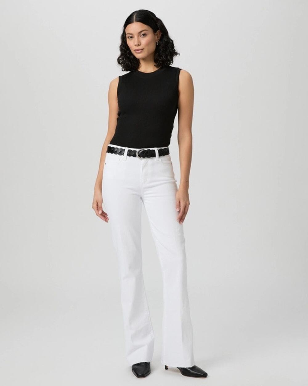 PAIGE High Rise Laurel Canyon 32" Bootcut Jean in Crisp White Raw Hem Size 33